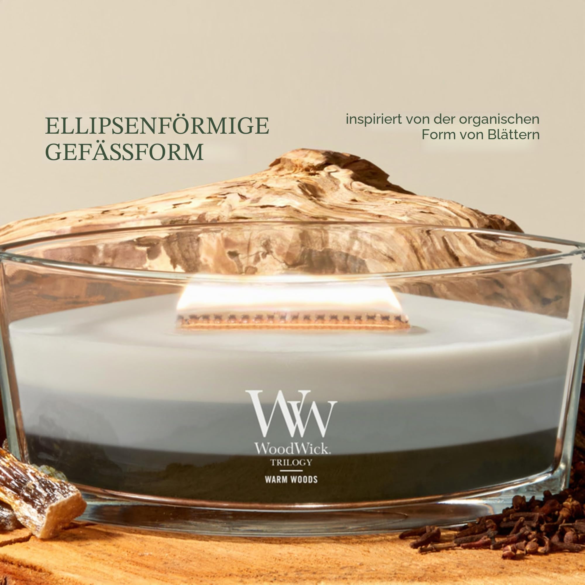 Woodwick Das heiße Warmes Holz Trilogy Kamin, Mammutbaum, Sandelholz Nelke Dekorative Duftkerze im ovalformigem Glasgefäß, 453.6 g, Glas, Weiß-grau-dunkel Grau/durchsichtig, 11.1 x 18.9 x 8.8 cm