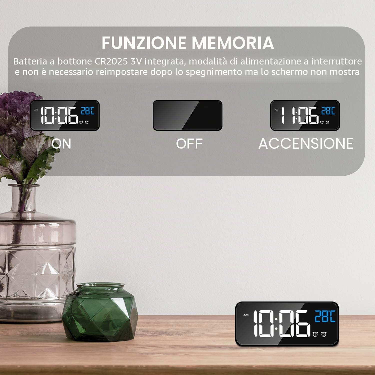 MOSUO Sveglia Digitale, Sveglia da Comodino con Temperatura e LED Grande Schermo, Orologio a Specchio con 2 Allarme, Snooze, Suoni e Luminosità Regolabile, Controllo Vocale, USB Ricaricare, Nero