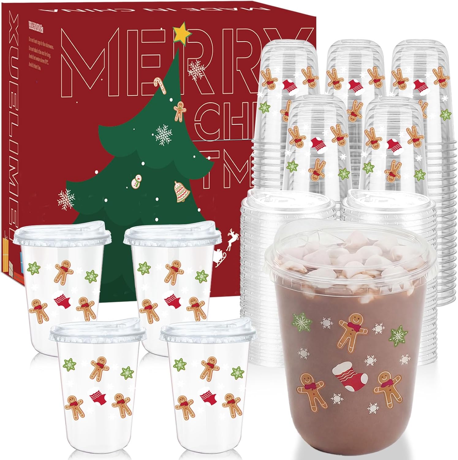 16oz Christmas Disposable Plastic Cups with Strawless Sip Lids-Gingerbread Man Drinking Cups for Party Supplies Cold Drinks, Coffee, Beer, Drinks, Ice Cream, Holiday Party Supplies. (100)