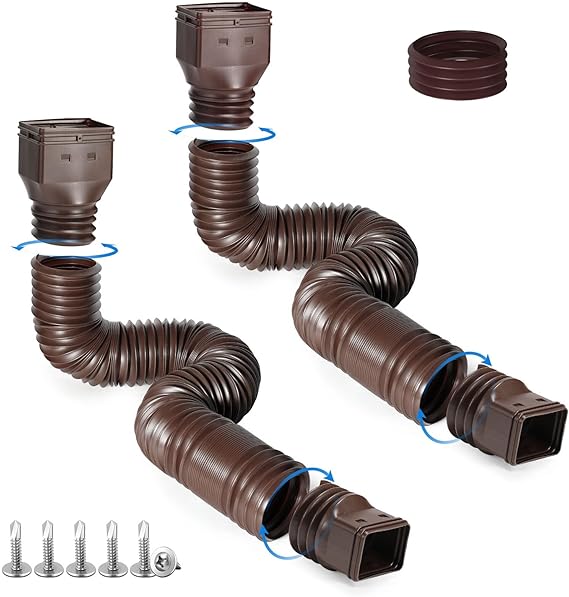 plusgutter 2 Pack Rain Gutter Downspout Extensions, Flexible Downspout Extender with 58+68 Extendable Pipes for Rain Water Drainage, Durable Down Spout Drain Extension with Connector (Brown)