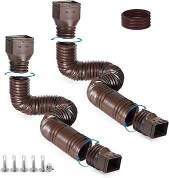 plusgutter 2 Pack Rain Gutter Downspout Extensions, Flexible Downspout Extender with 58+68 Extendable Pipes for Rain Water Drainage, Durable Down Spout Drain Extension with Connector (Brown)