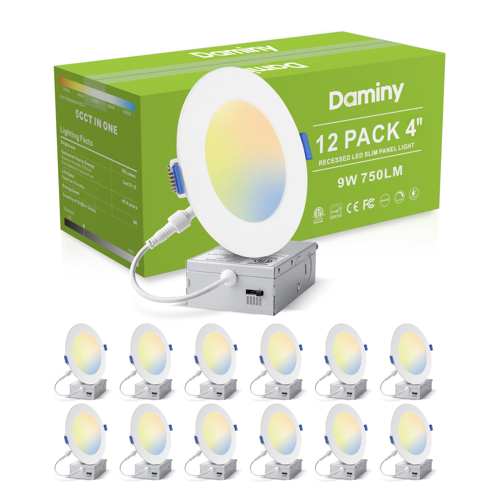 12 Pack 4 Inch LED Recessed Light with Junction Box,5CCT,Ultra-Thin,9W 750lm, Dimmable Canless Downlight, High Brightness - ETL