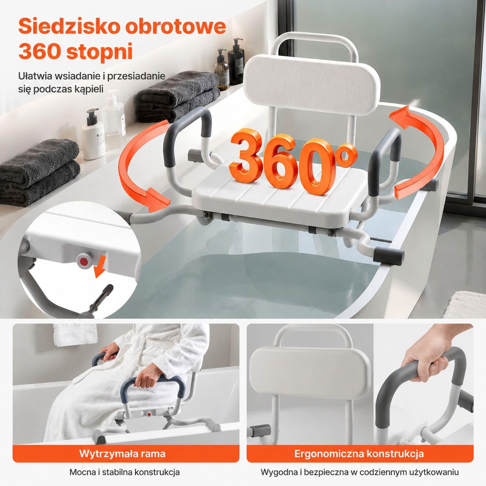 Obrotowe siedzisko prysznicowe z podłokietnikami i oparciem, regulowane do wanny oraz kabiny prysznicowej