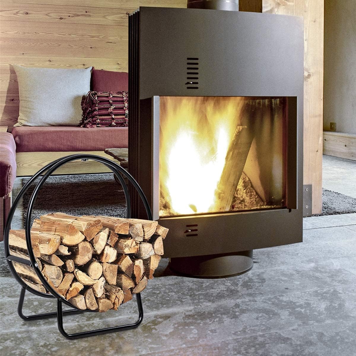 Squareful Firewood Rack, Tubular Solid Steel Log Hoop, Wood Storage Holder for Fireplace, Heavy Duty Round Firewood Storage Rack, Indoor & Outdoor Use (30 inch)