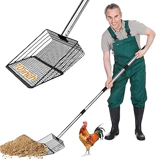 Chicken Poop Scooper, 10inch Large Metal 36 to 63" Long Chicken Coop Litter Scoop with Stainless Steel Handle，4 in 1 Multifunctional Heavy Duty Litter Sifting Shovel Chicken Coop Accessories