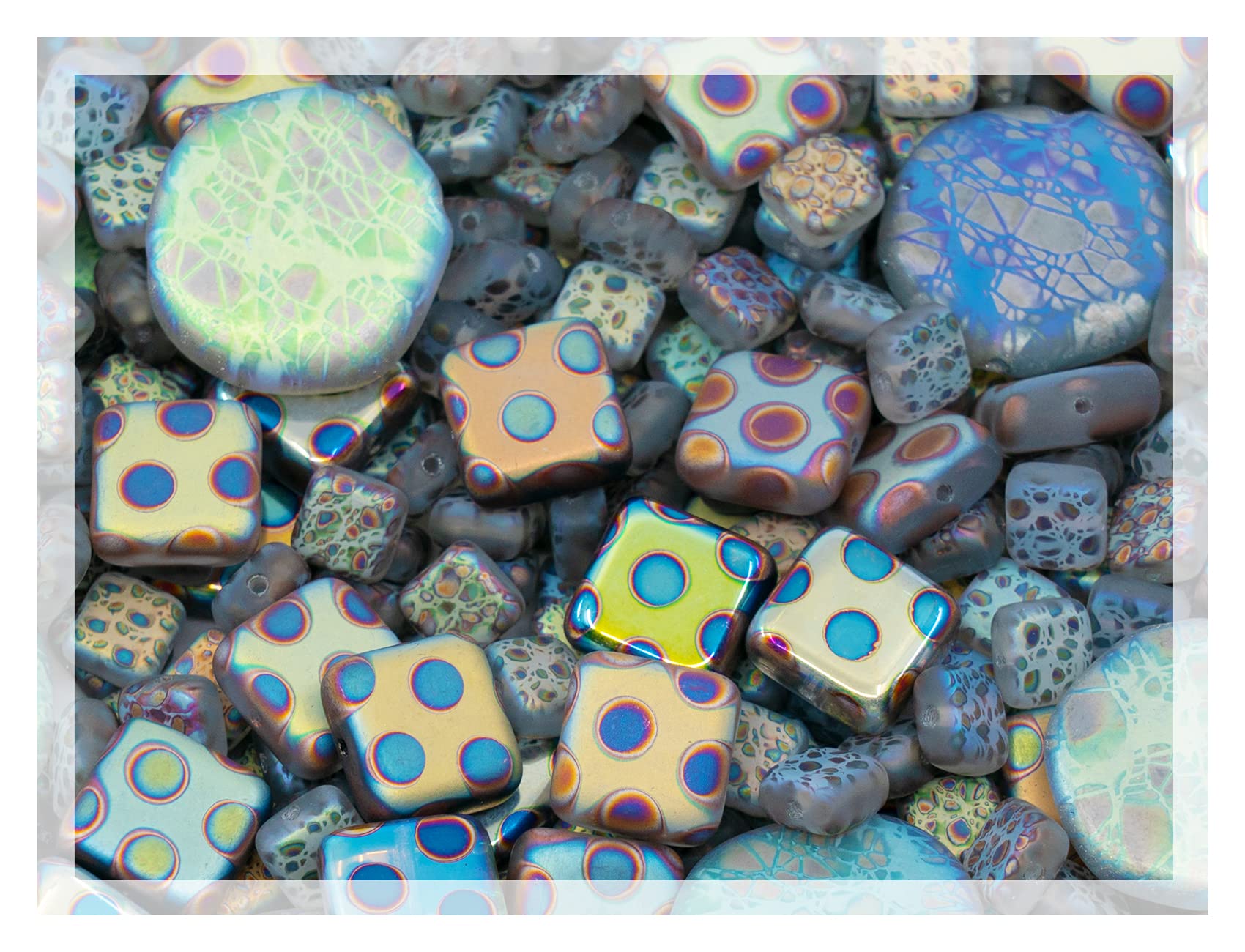 60 g Mix of Unique Czech Bohemia Glass Pressed Beads, Rocailles, Opaque Turquoise Green Copper Crystal Silver, Matte and Glossy, Hand Made BCV — view 23