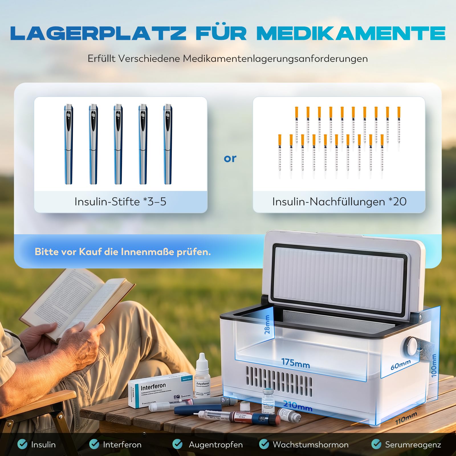 CGOLDENWALL Insulin Kühlbox Elektrisch, 0-18℃ Einstellbar, 2 Akkus (12-14h) | USB-C, 3 Stromquellen, Kompakt & Tragbar, für 3–5 Stifte, TSA-Geprüft, für Zuhause, Tägliches Pendeln, Reisen und Flüge
