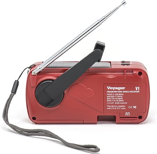 Miniatura 3 de Kaito V1 Voyager - Radio de emergencia solar Dynamo AM/FM/SW con cargador de teléfono celular y linterna de 3 LED, color rojo