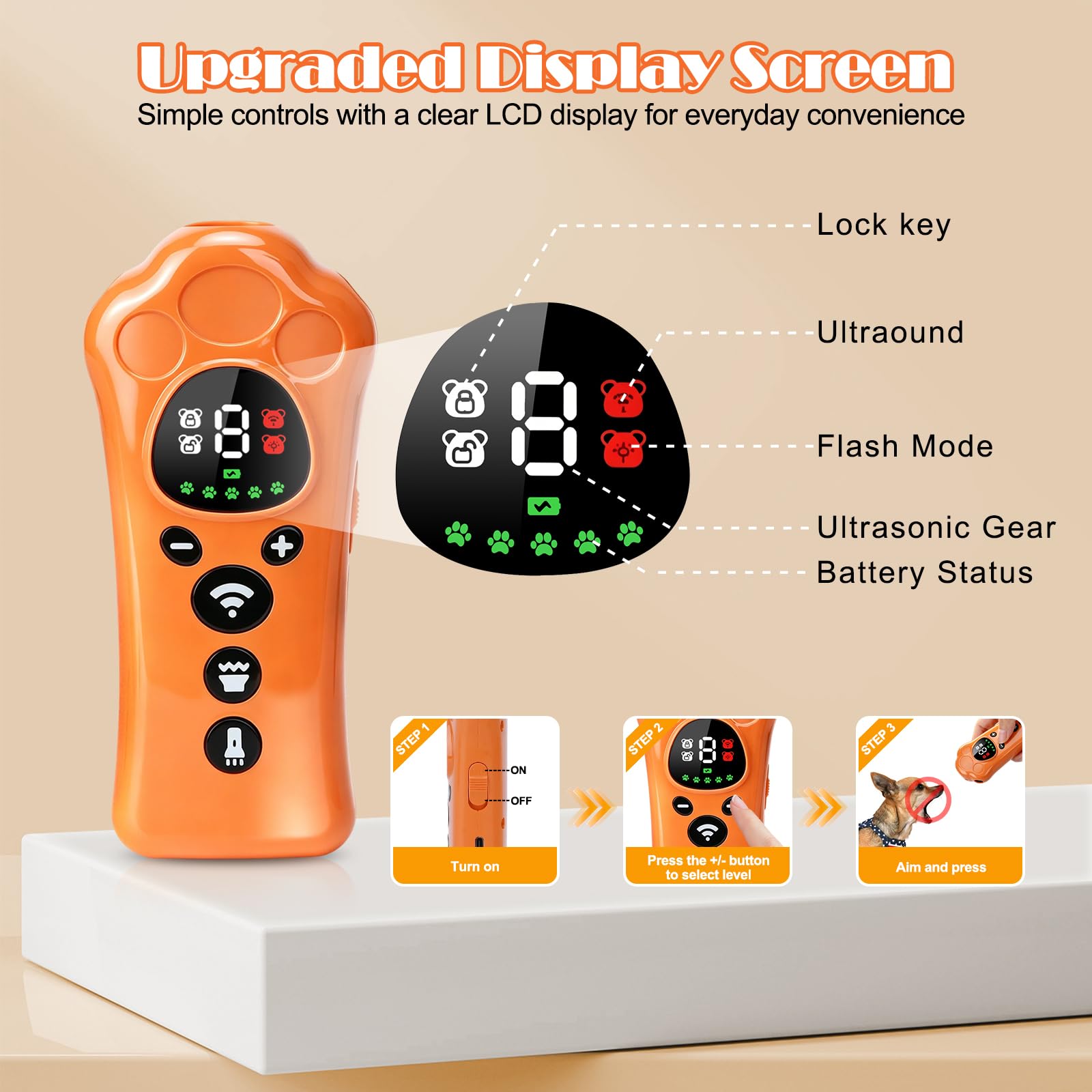 Podazz Torcia deterrente per la corteccia del cane regolabile a 10 livelli – Dispositivo di addestramento per animali domestici ricaricabile tramite USB, dispositivo ad ultrasuoni anti-abbaio con luce