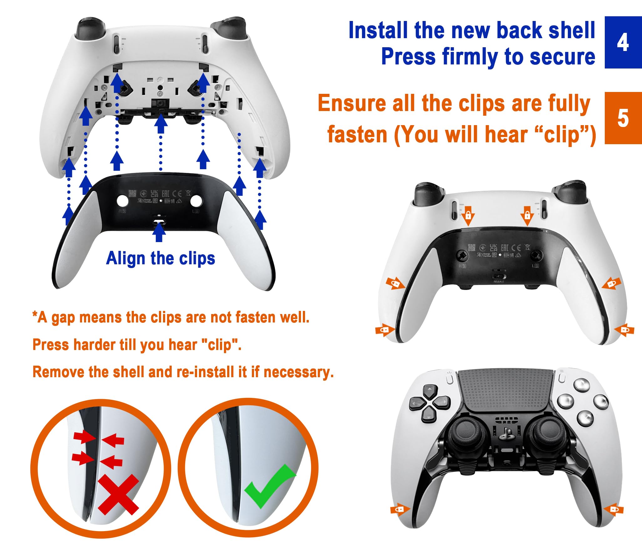 Rückabdeckung für PS5 DualSense Edge Controller reparieren, Ersatzgehäuse mit weicher Gummigriffauflage, CD Steckdesign zur Behebung von Abblättern und Vergilbung, Weiß, 1 PCS Player CD-Player
