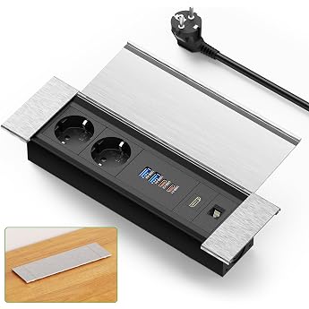 Retractable Socket with 2 USB C PD30W, Aluminium Table Socket, Retractable with USB HDMI RJ45, Built-in Socket with Lid for D