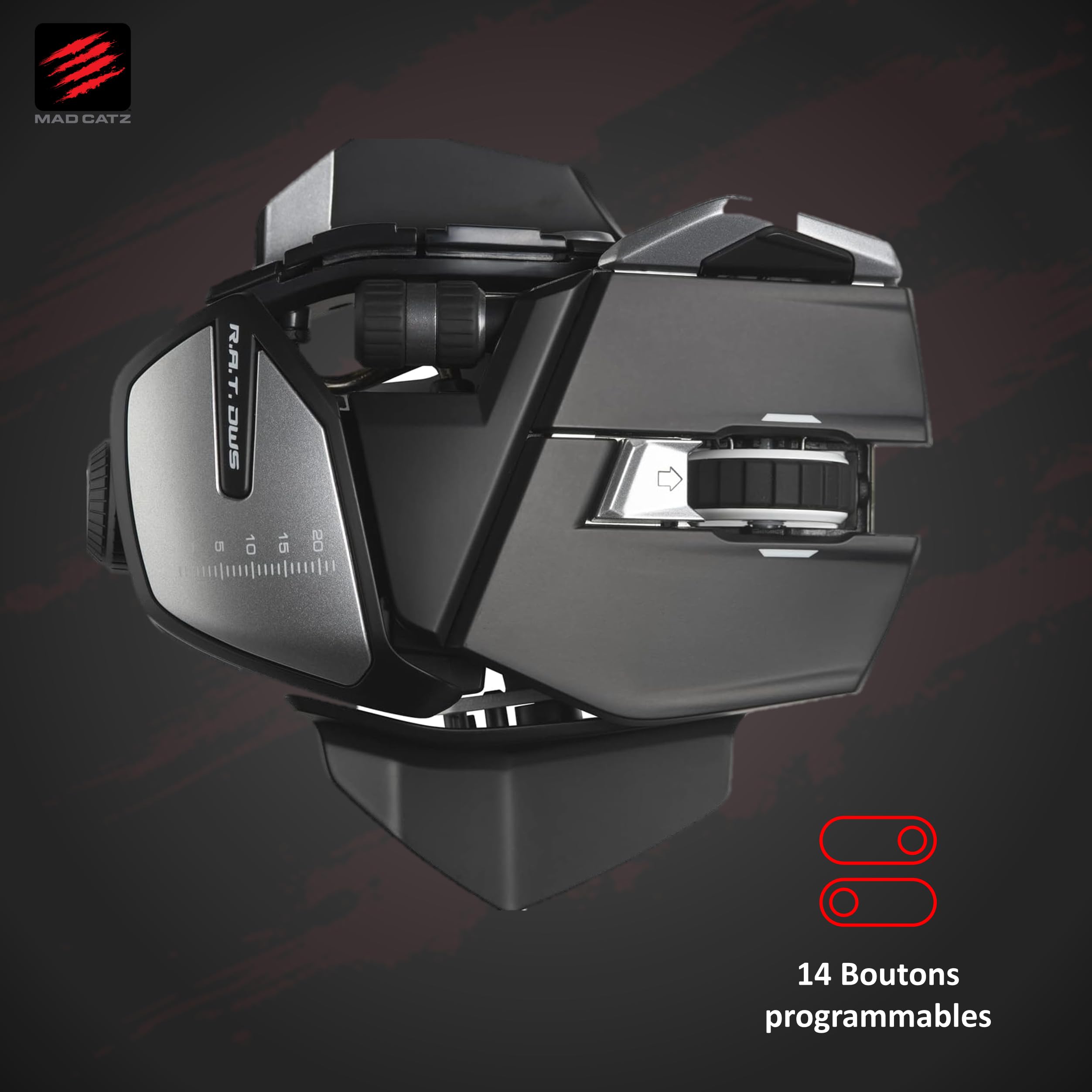 Mad Catz Rat DWS Souris Gamer Sans Fil - Souris Ergonomique 14 Boutons Programmables - Capteur Optique Pixart3335 16000 DPI - Souris Gaming Bluetooth PC Noire Switch Dakota 60 Millions