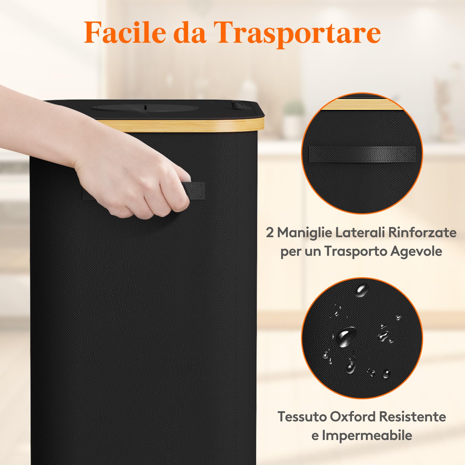 Lifewit Pattumiera Raccolta Differenziata 100 L Portatile, Contenitore per Bottiglie di Vetro e Plastica, Grande Bidone in Bambù per la Raccolta Selettiva, Nero