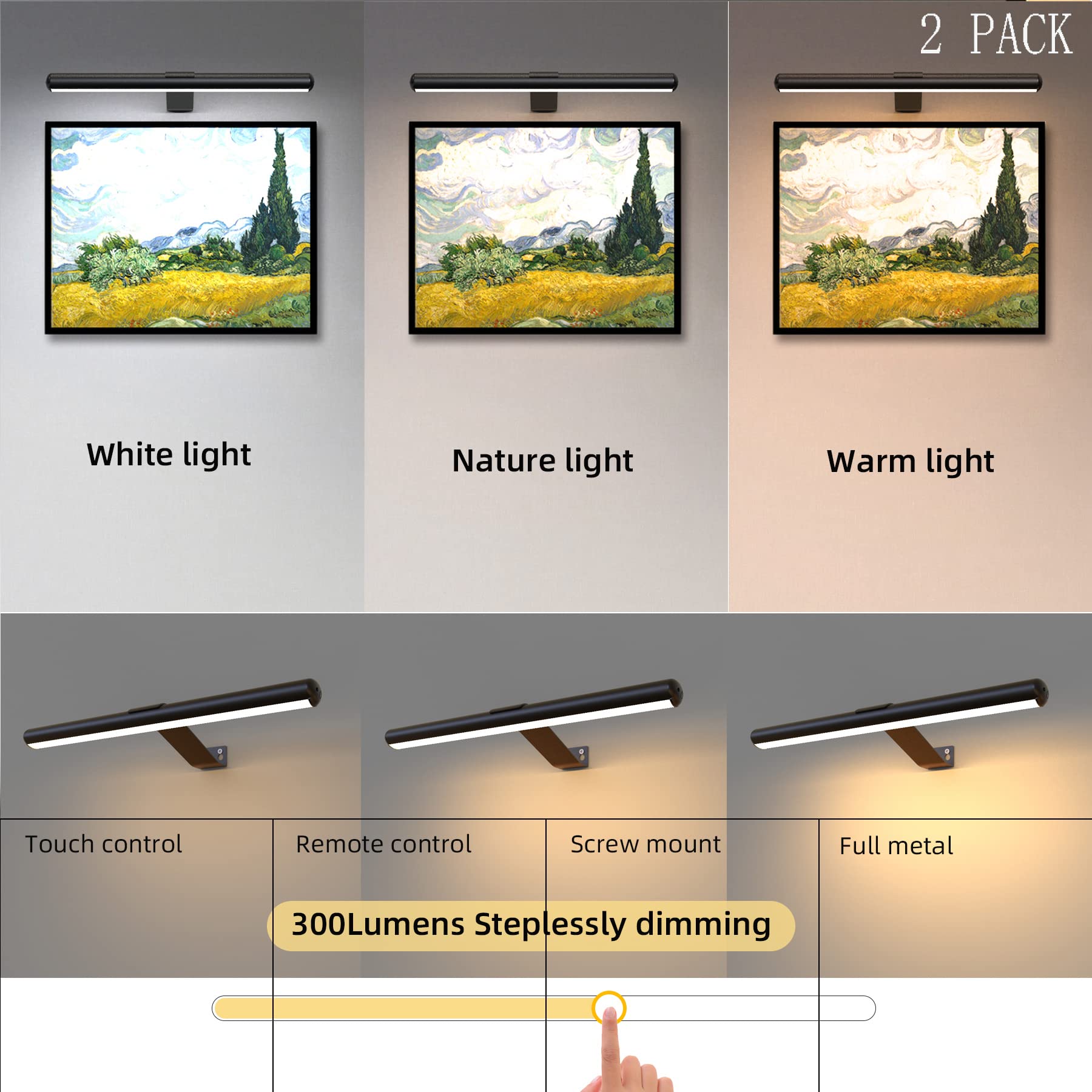 Confezione da 2 luci wireless con telecomando, funzionamento a batteria, luci da pittura per immagini artistiche, interamente in metallo, con timer dimmerabile, luce magnetica per bersaglio
