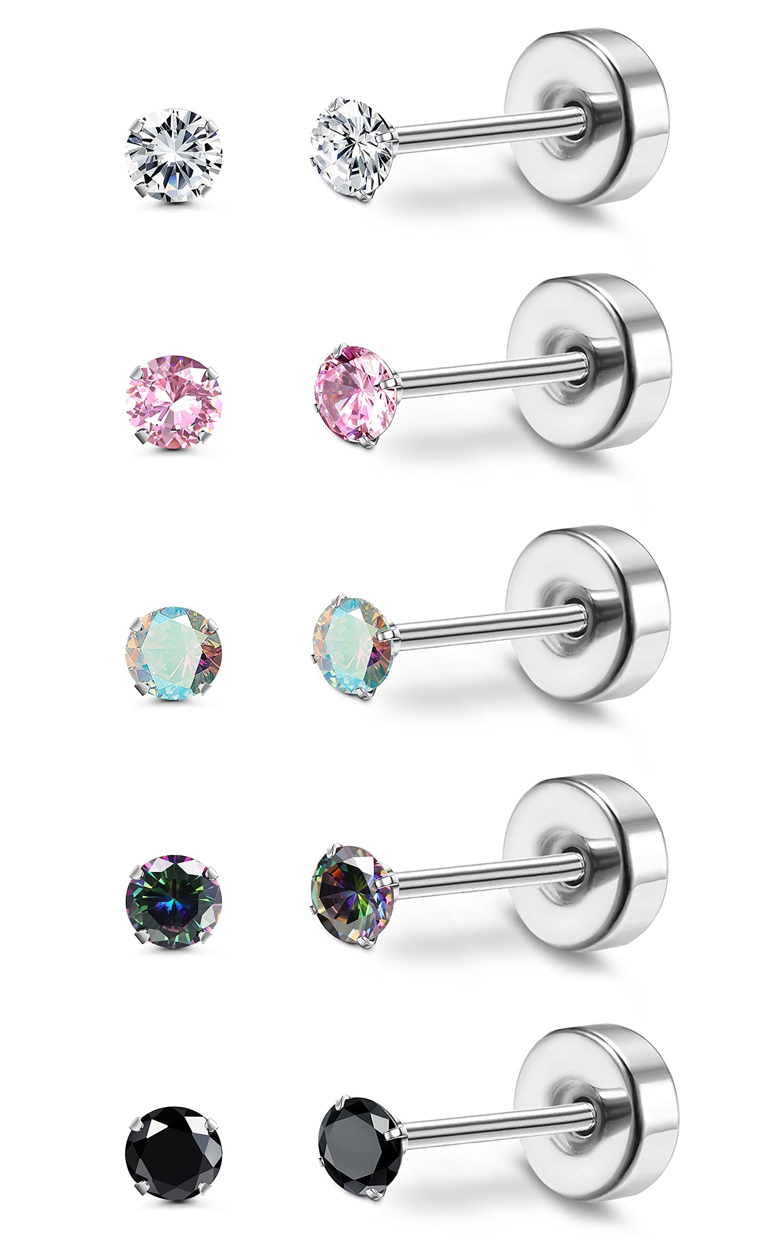 MILACOLATO Piercing Titanio para Mujer Hombre 5Pairs G23 Pendientes de titanio para orejas sensibles Piercing Rainbow 5A Pernos Cúbicos Zirconia 20G Flat Back Piercing Cartílago Tragus Titanio Set