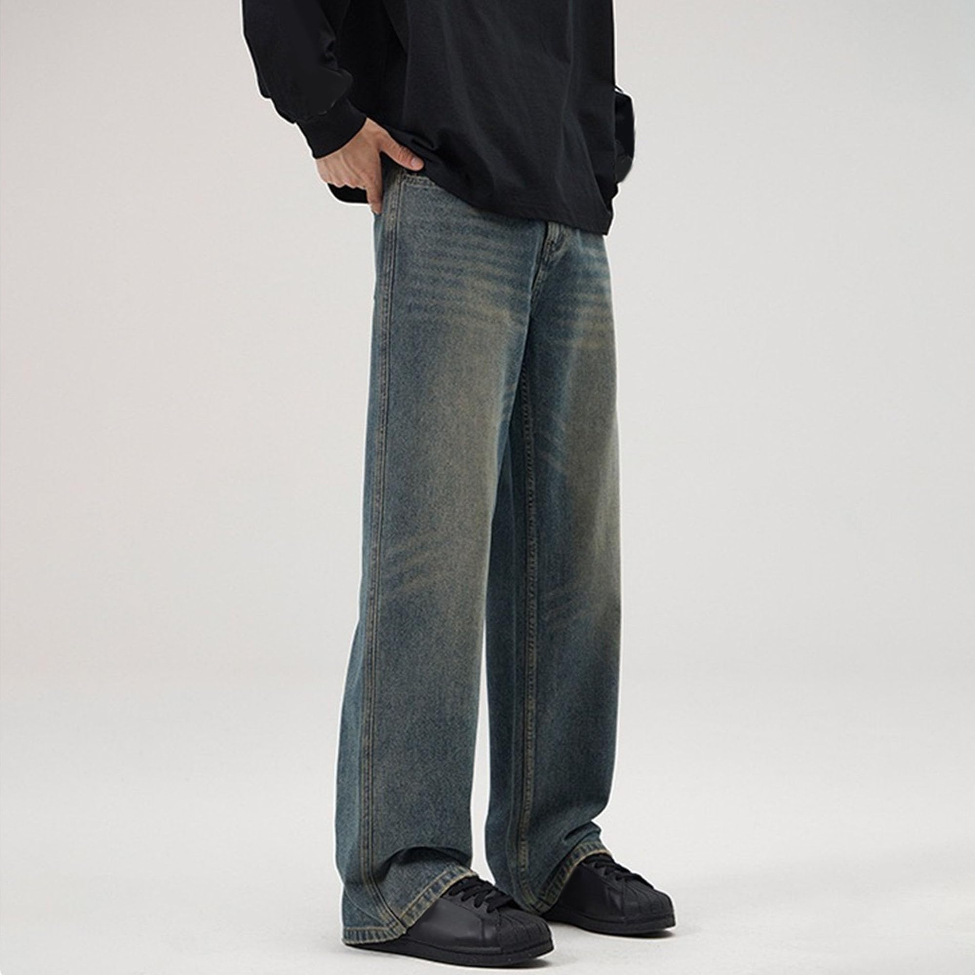 Men's Baggy Jean Wide Leg Carpenter Denim Jeans Loose Fit 90s Denim Skater Vintage Streetwear (Blue 1,Large)