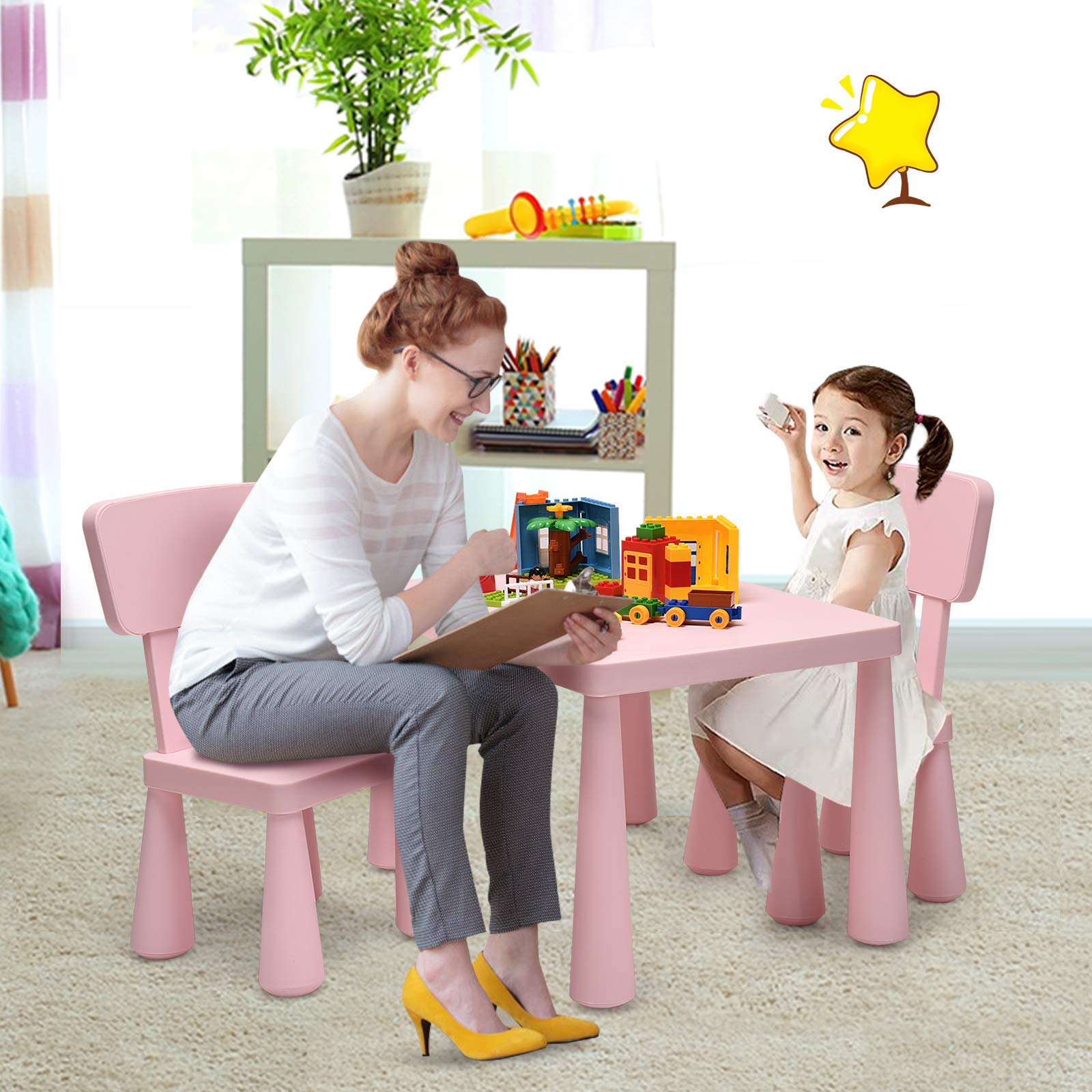 GOPLUS Table Enfant avec 2 Chaises, Petite Table d'Activité Enfant en Plastique pour Manger, Étudier, Jouer, pour Filles Garçon 1-7 Ans, Charge 50KG (Rose)