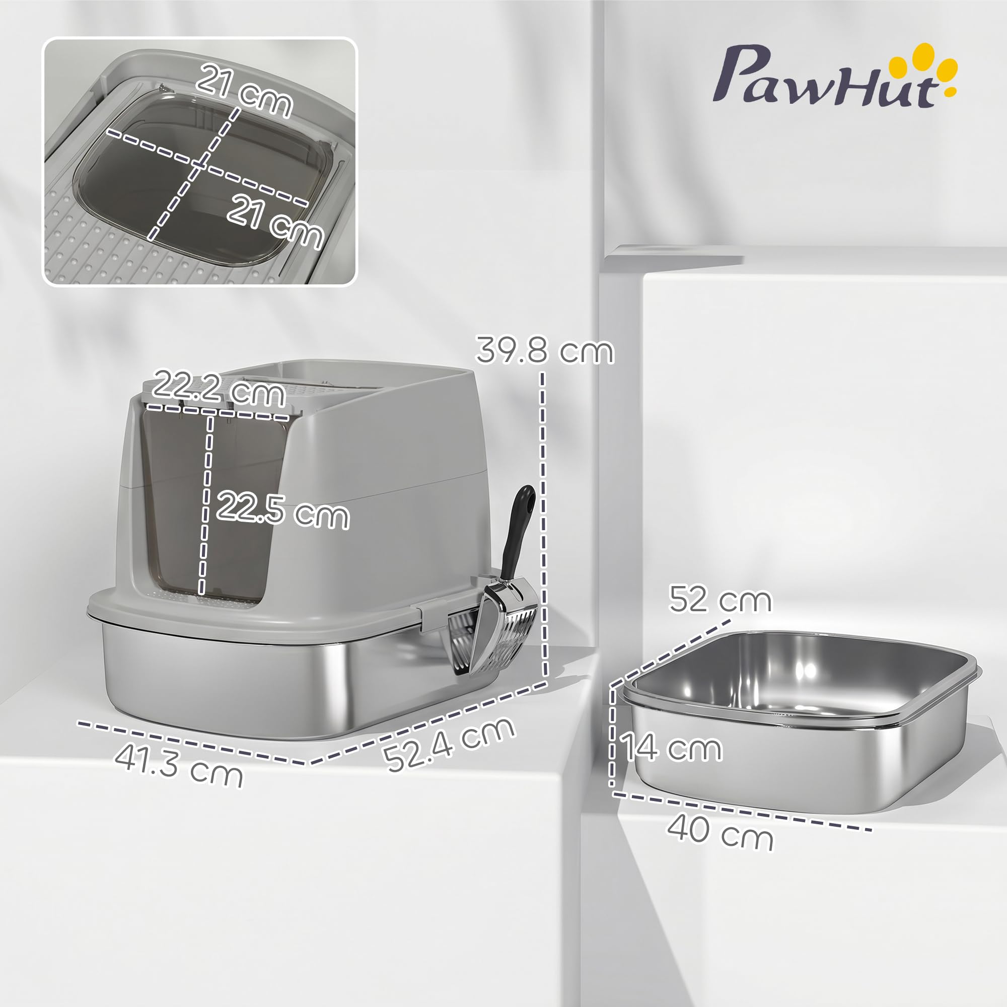 PawHut Lettiera per Gatti Chiusa Acciaio Inox con Pareti Alte Grigio Chiaro | Ribaltabile, Toilette per Gatti, Doppia Porta, Paletta, Antiperdita, Antiodore, Facile da Pulire, 52.4x41.3x39.8 cm