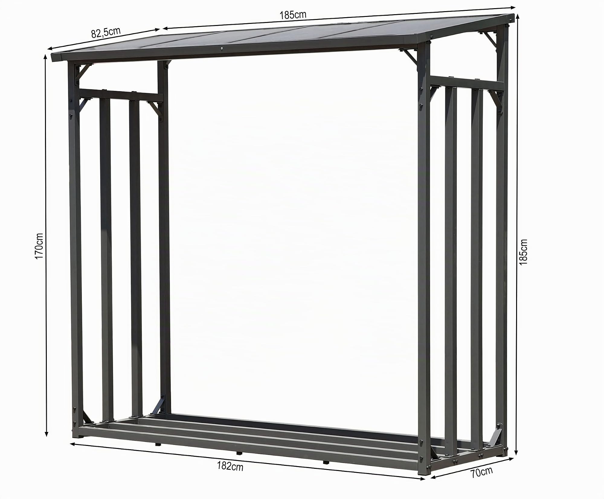 QUICK STAR Metall Kaminholzregal Außen 185 x 70 x 185 cm, 40 mm Stahlprofil, Anthrazit, Wetterfest, 2,3 m³, XXL Garten Kaminholzunterstand