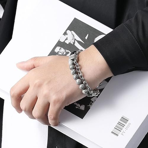 Miniatura 4 de Pulsera de obsidiana para hombre, pulsera de cuentas negras, pulseras de cadena plateada, pulseras punk, regalo de joyería