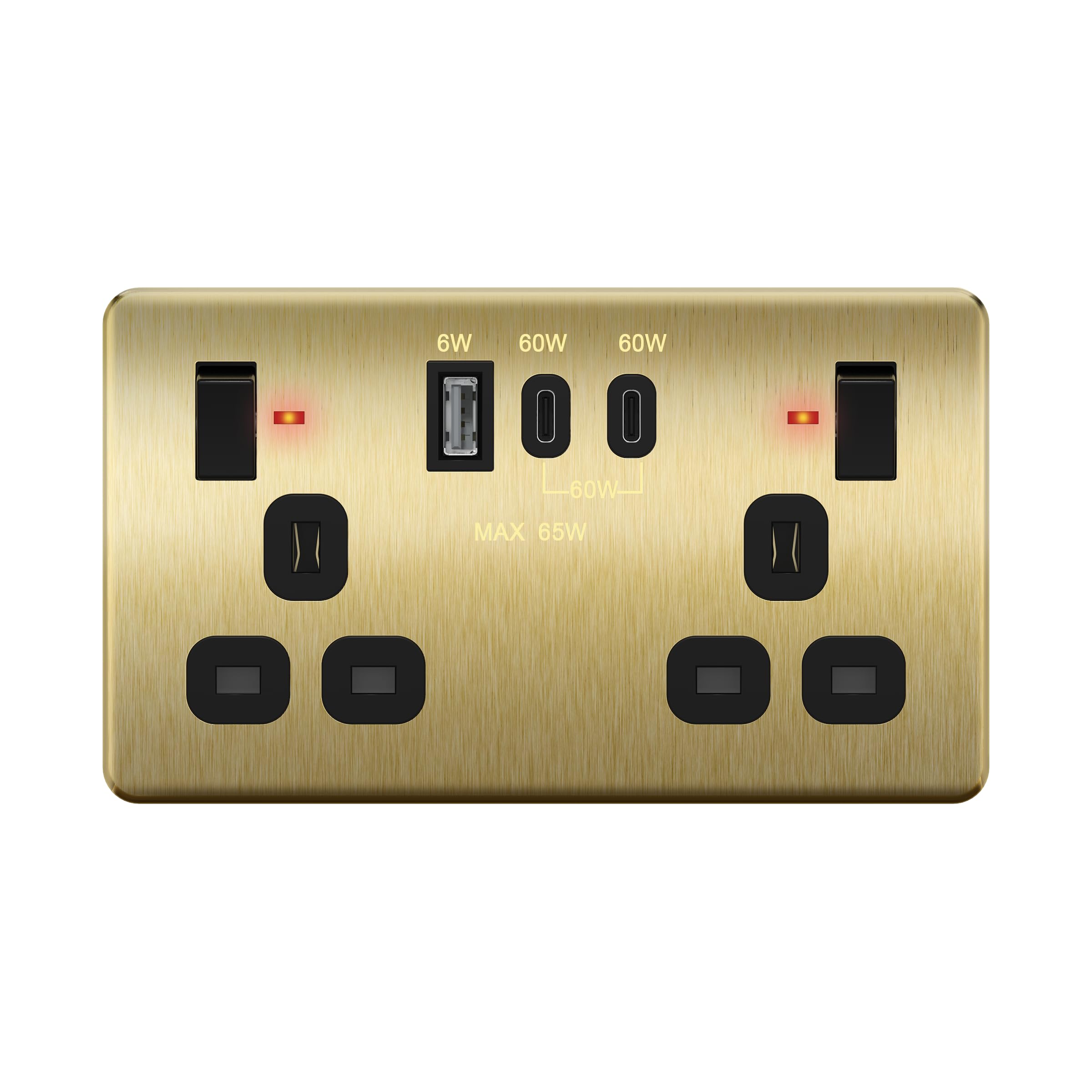 LIDER 2-Gang Switched Socket, USB TYPE C&A, LED Power Indicator, Power Delivery Fast Charging, Output 65W, PD 60W Max USB-C, Stainless Steel, UKCA Certified, Brushed Brass (Use a 35mm-deep back box) โ image 1