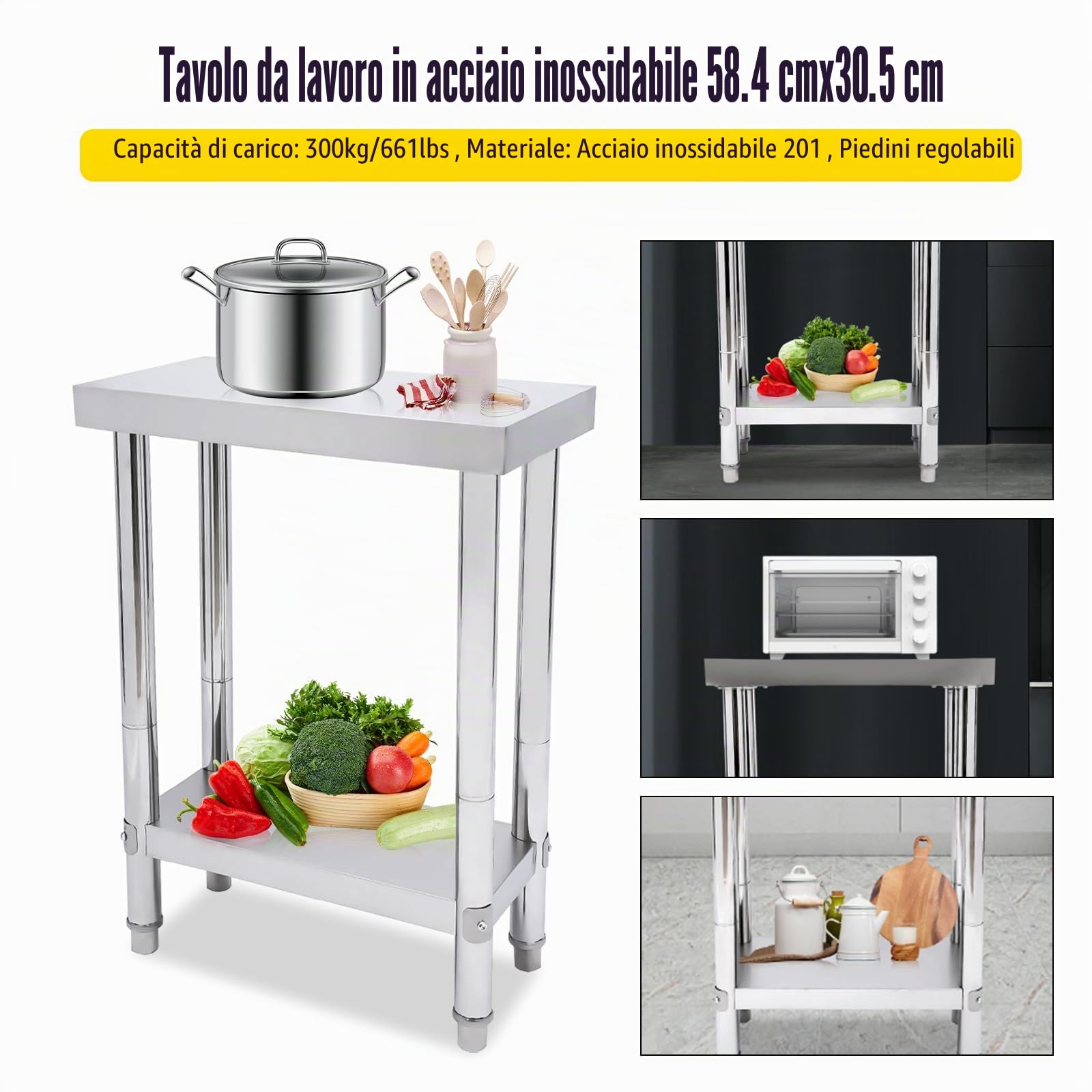 Tavolo da Lavoro in Acciaio Inox a 2 Livelli, Piano da Cucina Con Ripiano Regolabile in Altezza per Preparazione Alimenti (60 x 30 x 85)