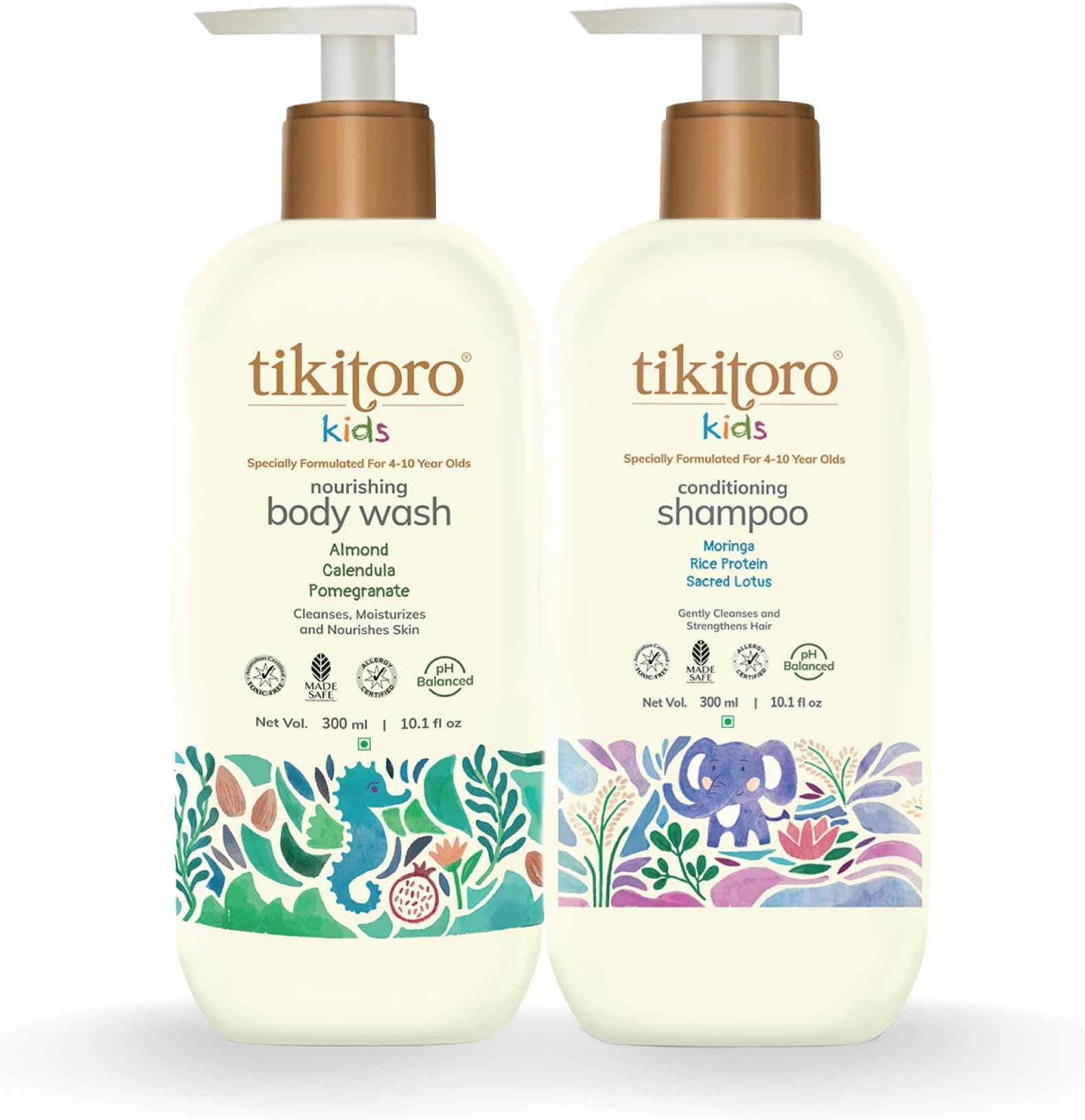 Tikitoro Kids Daily Essentials Combo,100% Vegan Nourishing Body Wash & Conditioning Shampoo, No Parabens & Sulphates (Age: 4+ Years) (300 ml x 2)