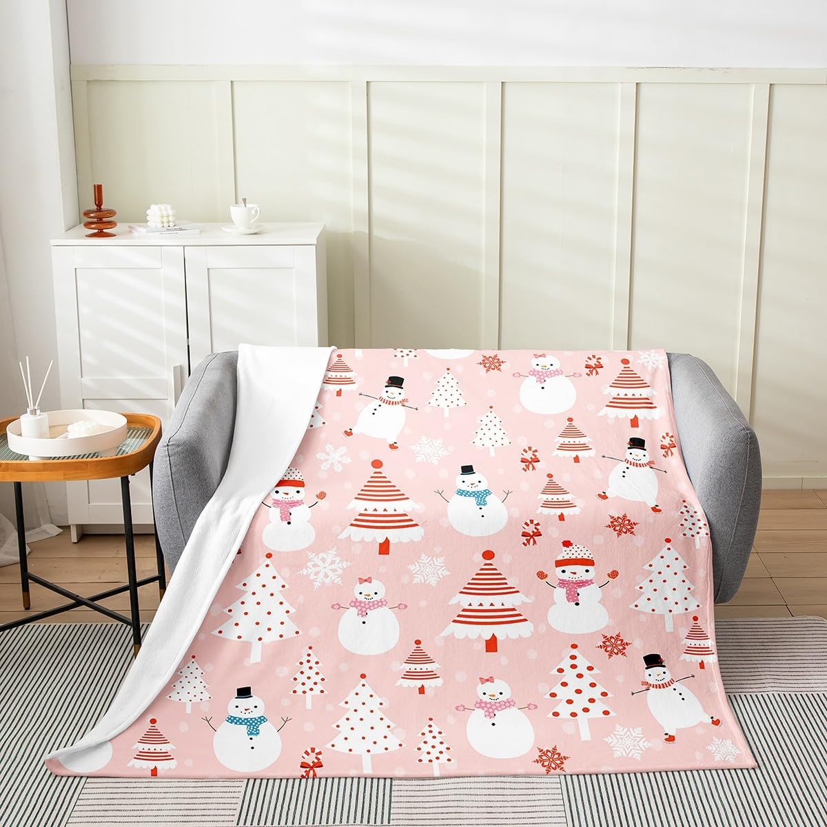 Feelyou Christmas Kids Plush Throw Blanket Cartoon Snowman Bedding All Season Bed Blanket Set for Sofa Couch Christmas Tree Decor Flannel Fleece Blanket Set Pink Dots Xmas Theme Bedroom Twin 60"x80"