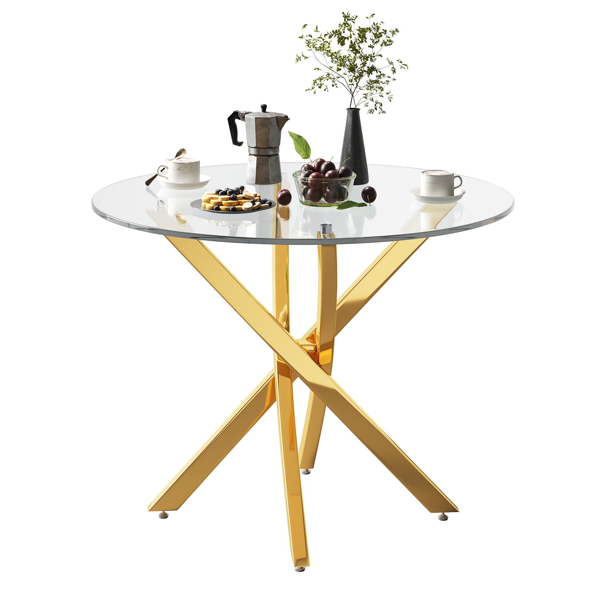 Tavolo da pranzo rotondo, 80 x 80 x 75 cm, piano in vetro, stile moderno, gambe dorate, può essere utilizzato come tavolino da caffè/tavolino d'appoggio, stile minimalista moderno, oro + vetro