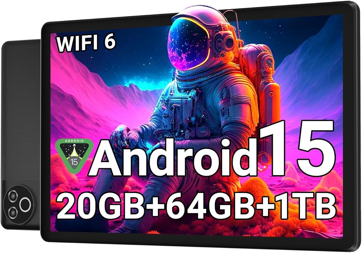 Android 15 Tablet 10 Inch, 20GB RAM 64GB ROM 1TB Expandable, Fast WiFi 6 & BT 5.4 Electronics Tablets 5-Core, HD IPS Touchscreen, 8H+ Battery, 2*Camera Tablet for Kids & Adults, Gift, Streaming, Work