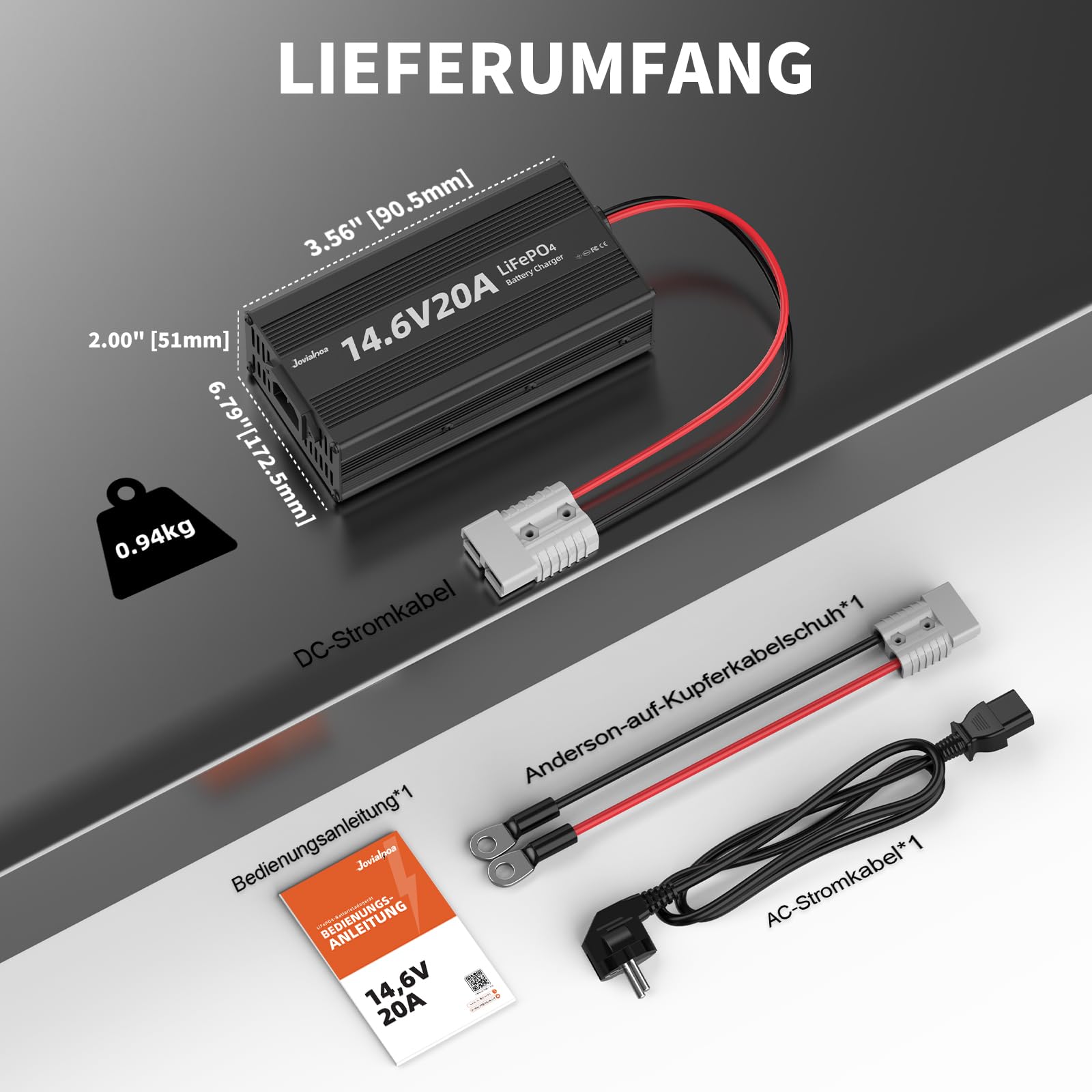 LiFePO4-Ladegerät 12V AC-DC, 14,6V 20A (292W) Batterieladegerät für 12V/12,8V LiFePO4-Akkus, 0V-Aktivierung, 50A Anderson-Stecker, M8-Ringösen, LED-Anzeige, Wohnmobil, Boot, Solar