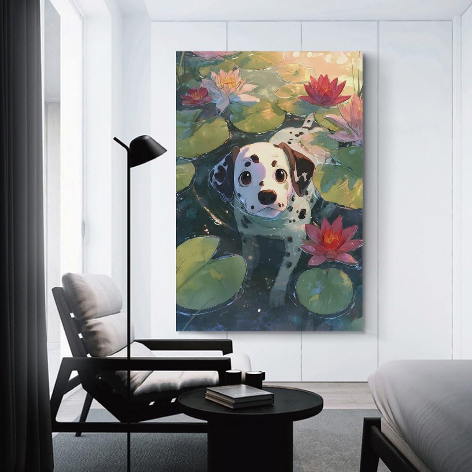 Junmoney Wall Art Print Dalmatian Puppy in A Lily Pond, 24x36inch(60x90cm), for Bedrooms, Workspaces And Everyday Interiors, Stylish Home Artwork for Focal Walls