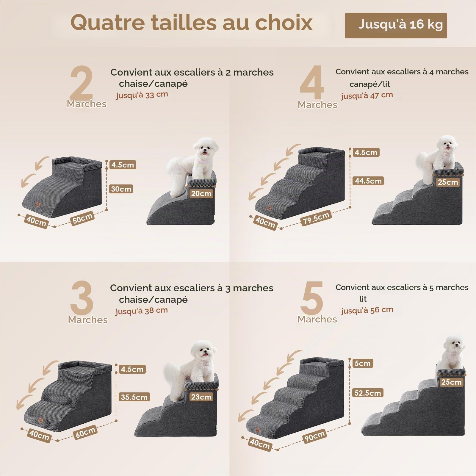 EHEYCIGA Escalier Chien 4 Marches 44.7cm H, Rampe Chien pour Canapé Lit | Mousse Haute Densité, Surface Antidérapante, Housse Amovible et Lavable, Pour Petits Chiens et Chats, Gris