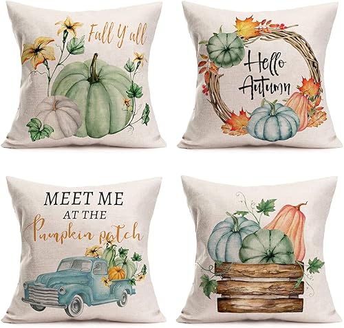 Juego de 4 fundas de almohada de calabaza para decoración de otoño para el hogar, 22 x 22 pulgadas, juego de 4 flores de hoja de arce con camión