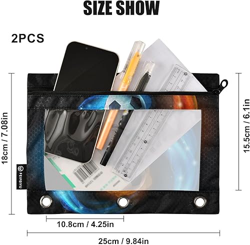 Miniatura 3 de Emelivor Flames - Estuche para lápices de pelota de fútbol para carpeta de 3 anillas, 2 bolsillos, bolsa para lápices con estuche transparente para