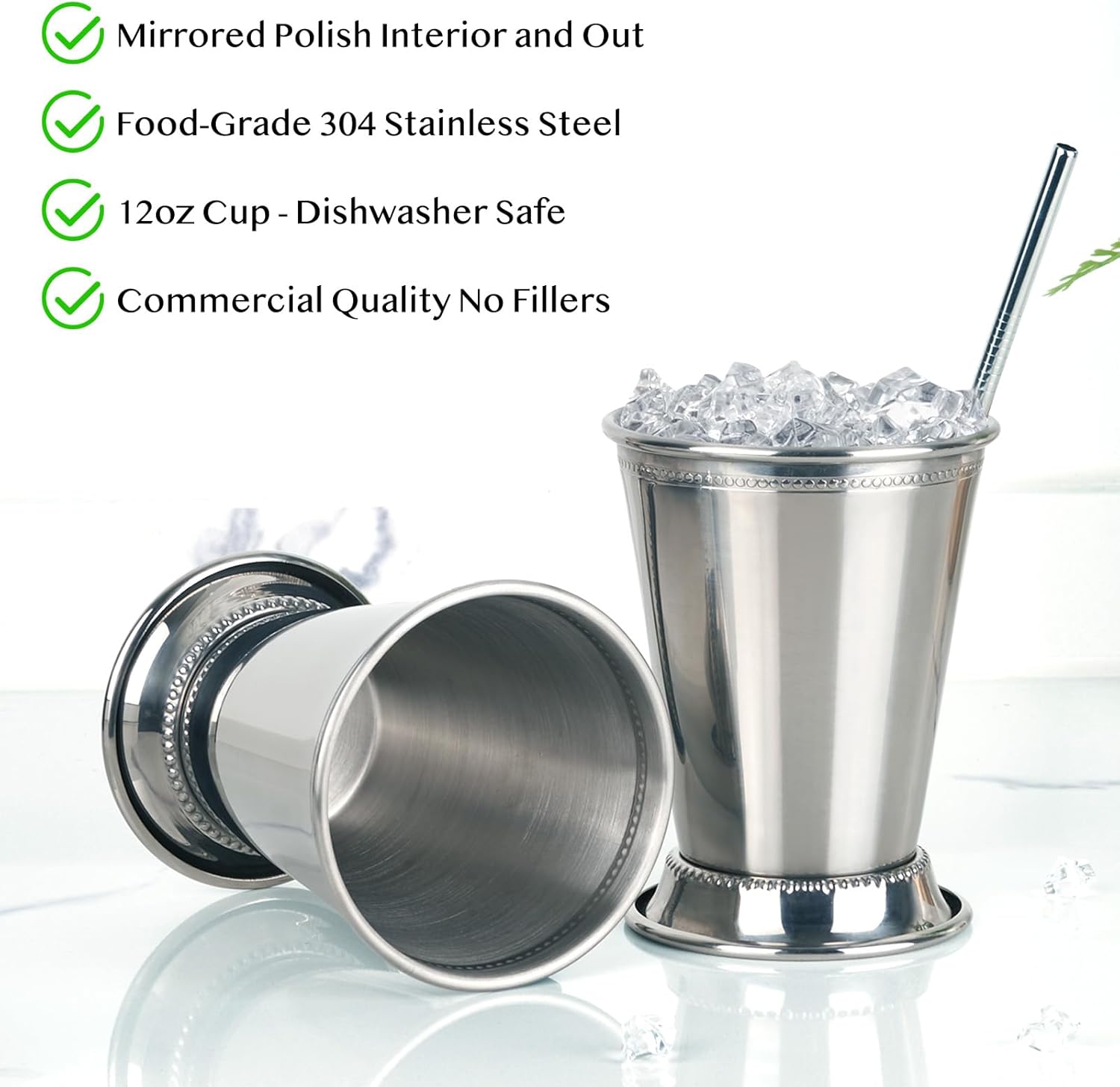 12oz Mint Julep Cups with Straws Set of 4, Stainless Steel Beaded Mint Julep Cups, Mint Julep Glasses for Cocktails Mixed Drinks, Metal Cups for Beer Juice Beverage Party Bar Home Restaurant - Image 8