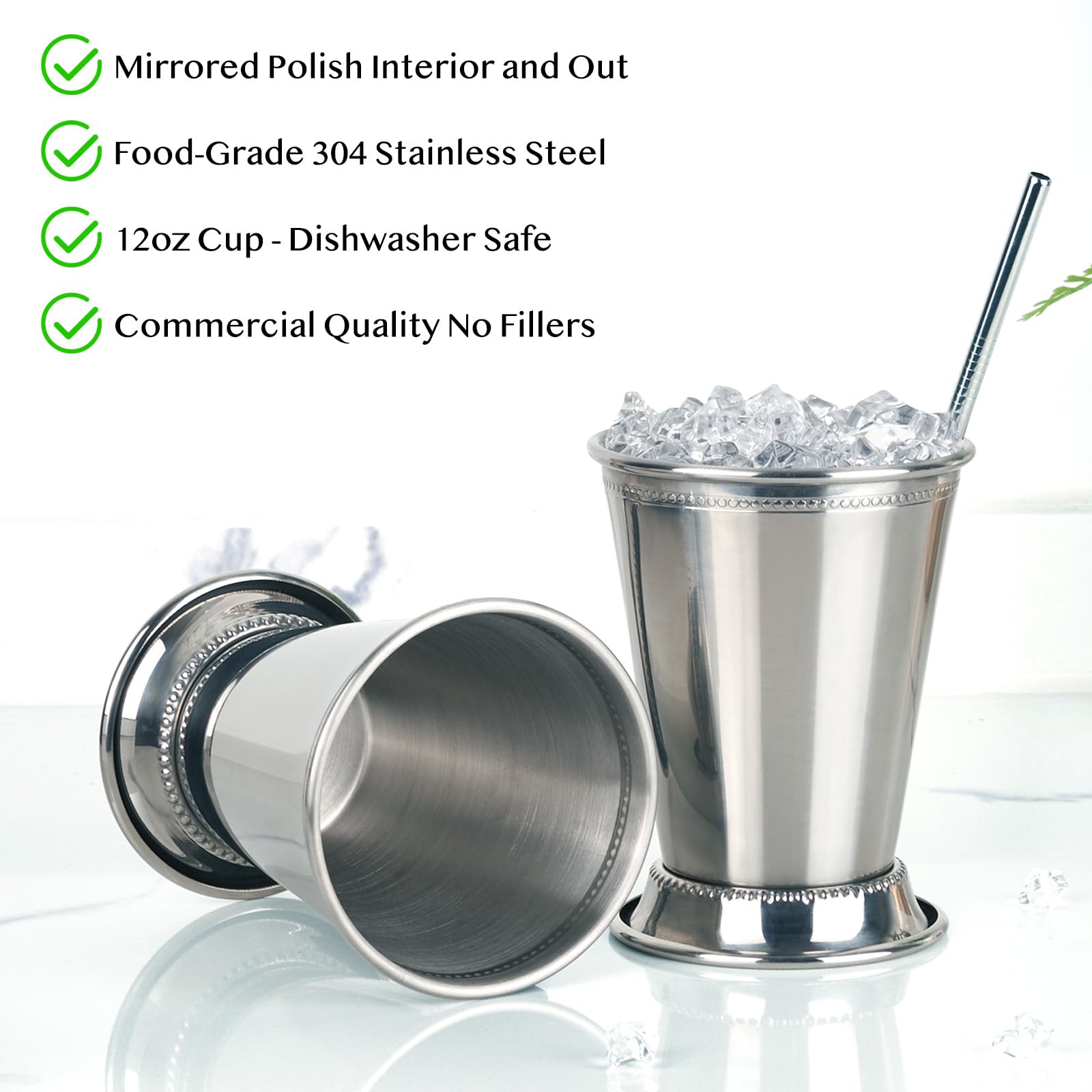 Fijinhom Julep-Becher mit Strohhalmen, Edelstahl, Perlen, Minze, Julep-Gläser für Cocktails, gemischte Getränke, Metallbecher für Bier, Saft, Getränke, Party, Bar, Zuhause, Restaurant, 340 ml, 4 Stück