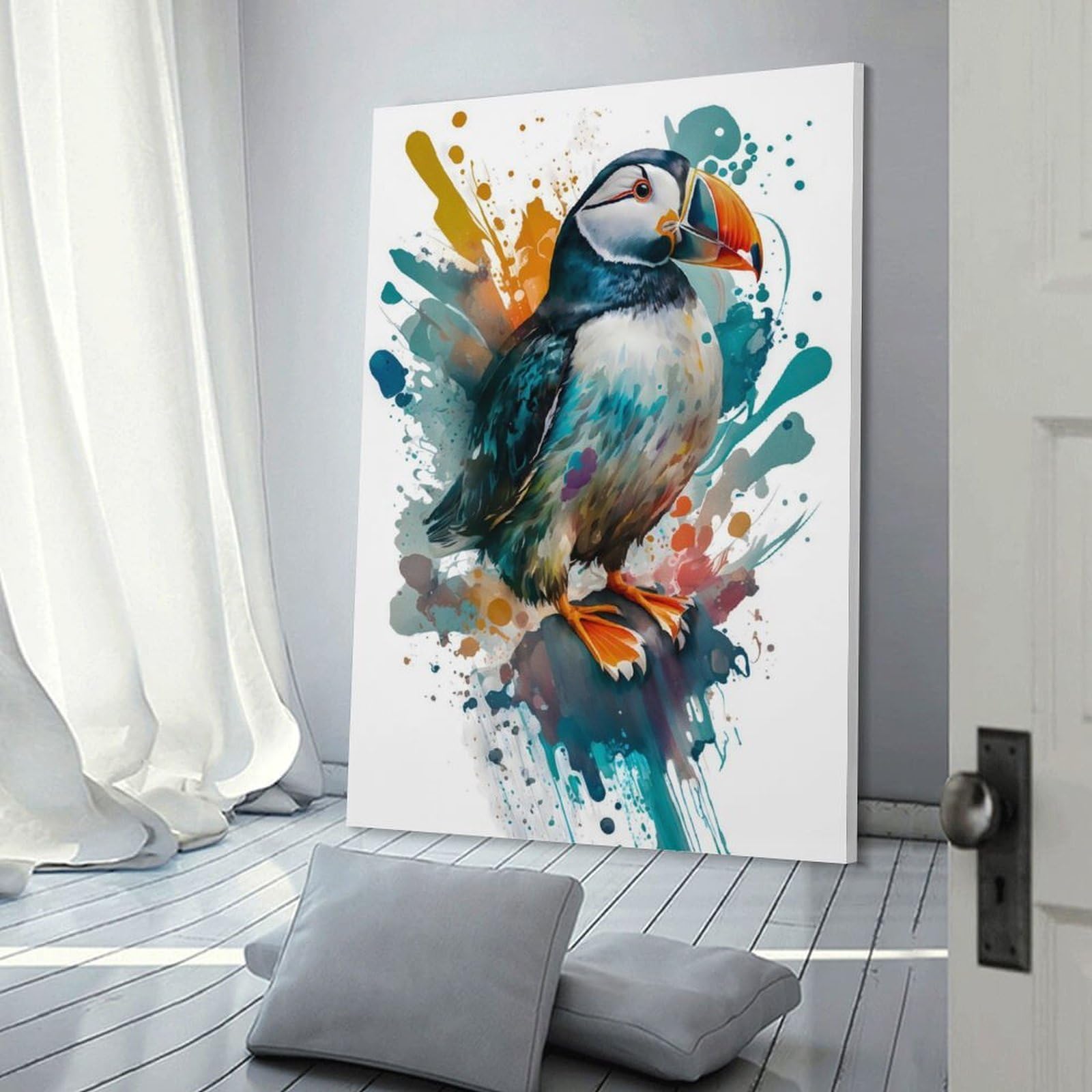 Junmoney Puffin Bird Art Print Canvas Art Print 24x36inch(60x90cm), for New Homes, Bedrooms Or Workspaces, Gift Idea for Housewarming And Birthdays