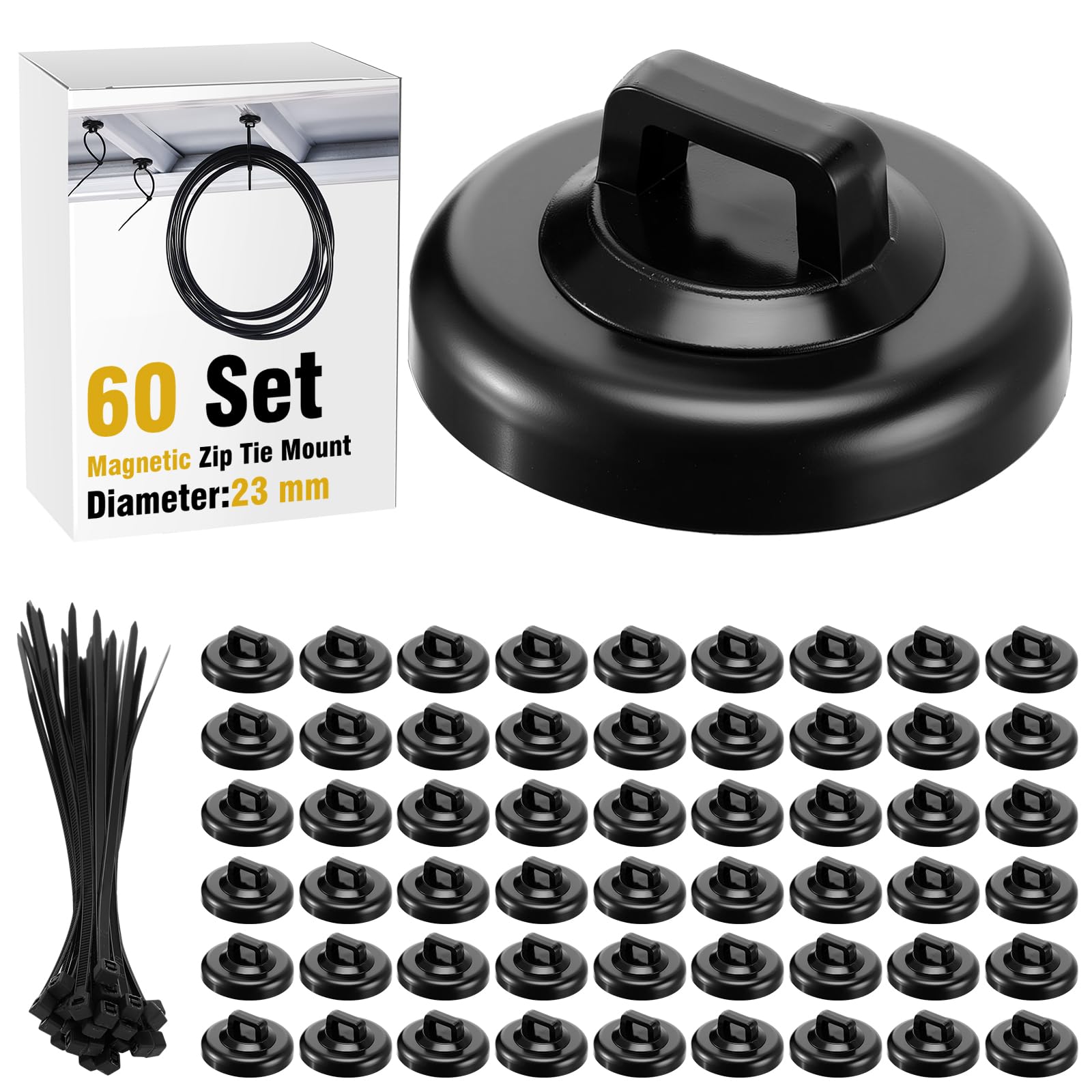 Leinuosen 60 Set Magnetic Zip Tie Mount and Nylon Cable Ties, 23 mm Multipurpose Wire Cable Holder Mount Wire Clips Management Electrical Organization Supplies (Black)