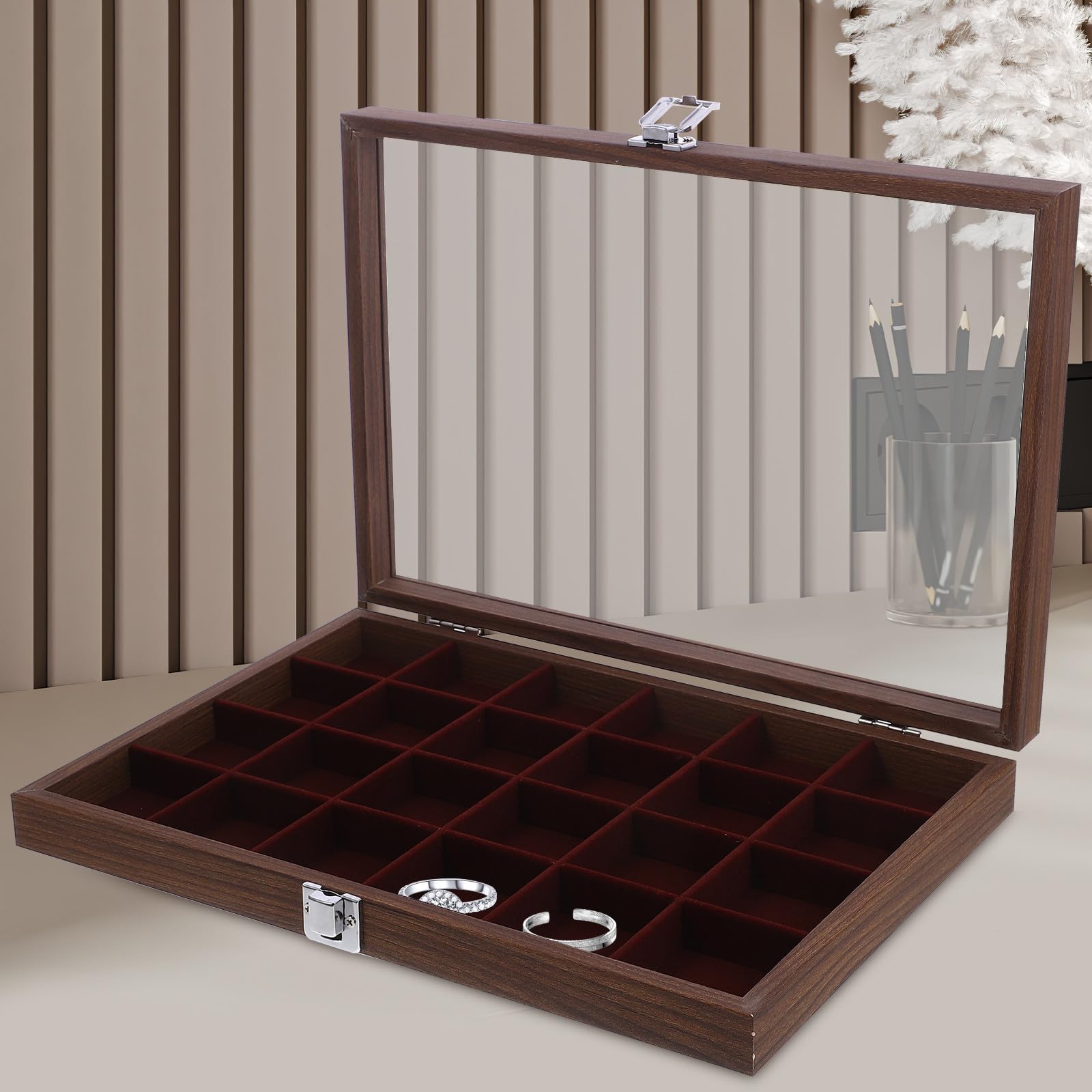 Boîte à Thé Compartimentée Boîte de Rangement Sachets de Thé 10,24x7,68x2,36 Pouces Bois et Verre Couvercle Transparent Décoration Intérieure en Déplacement