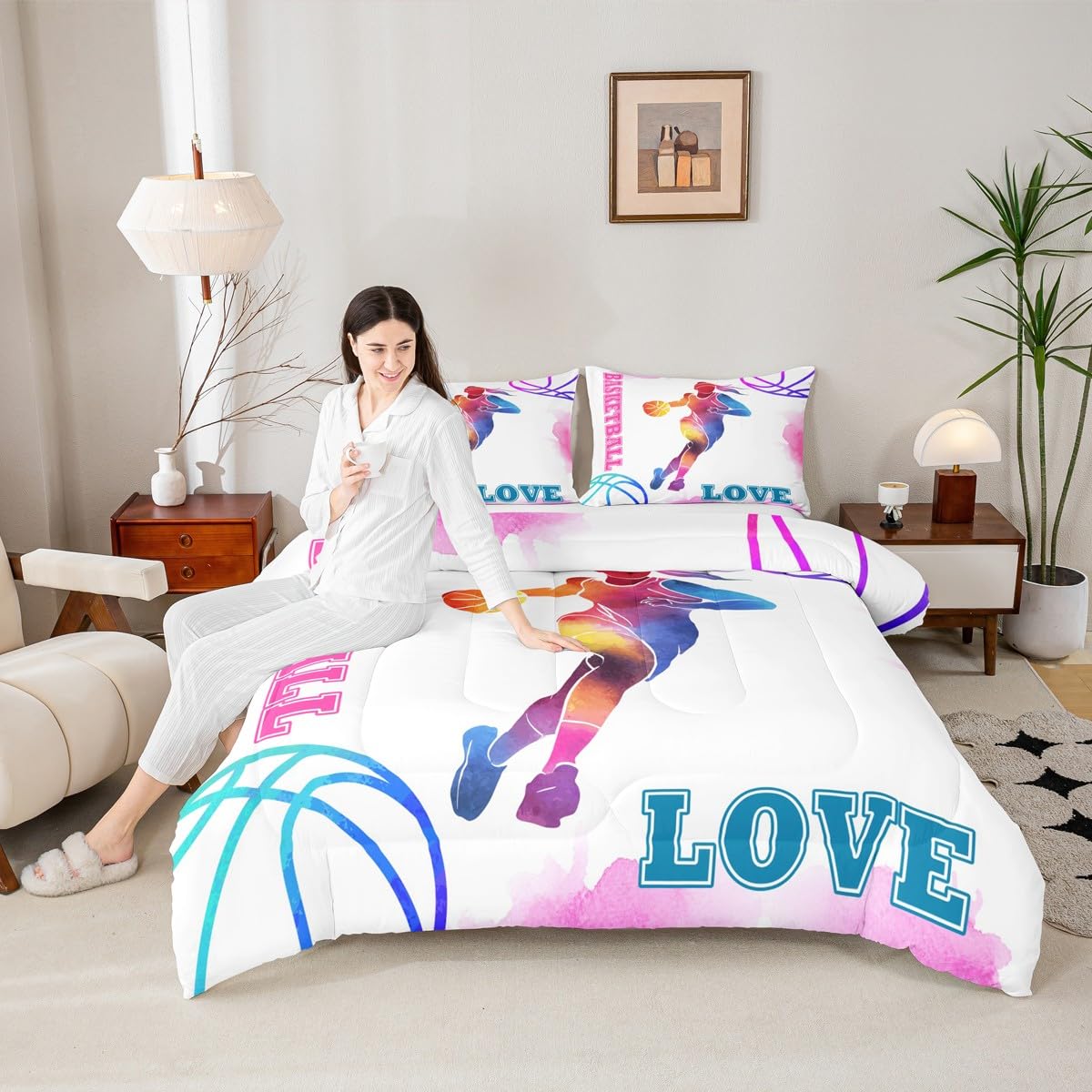 Homewish Basketball Lovers Kids Comforter Set Queen Size, Pink Purple Duvet Insert