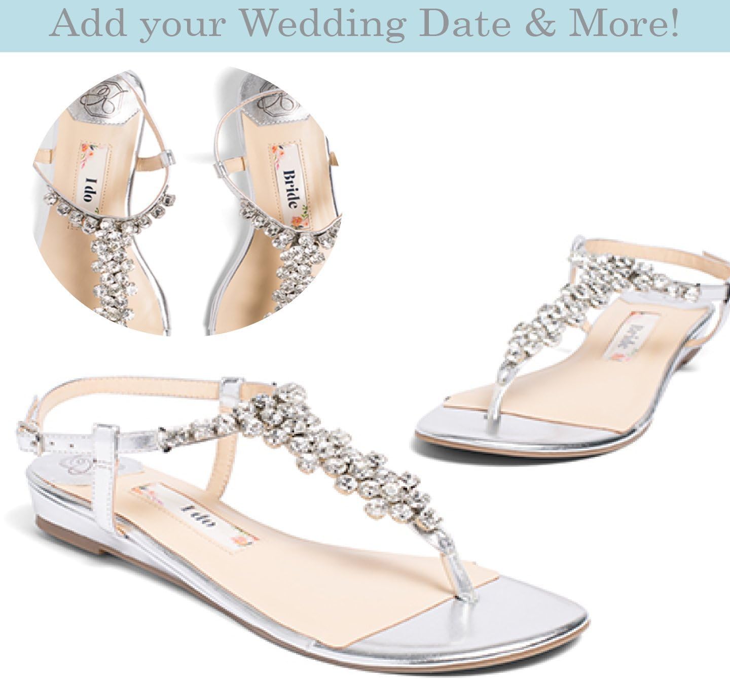 Flat Wedding Shoes -“Patent-Pending” personalization - Silver wedding sandal - Style Bella
