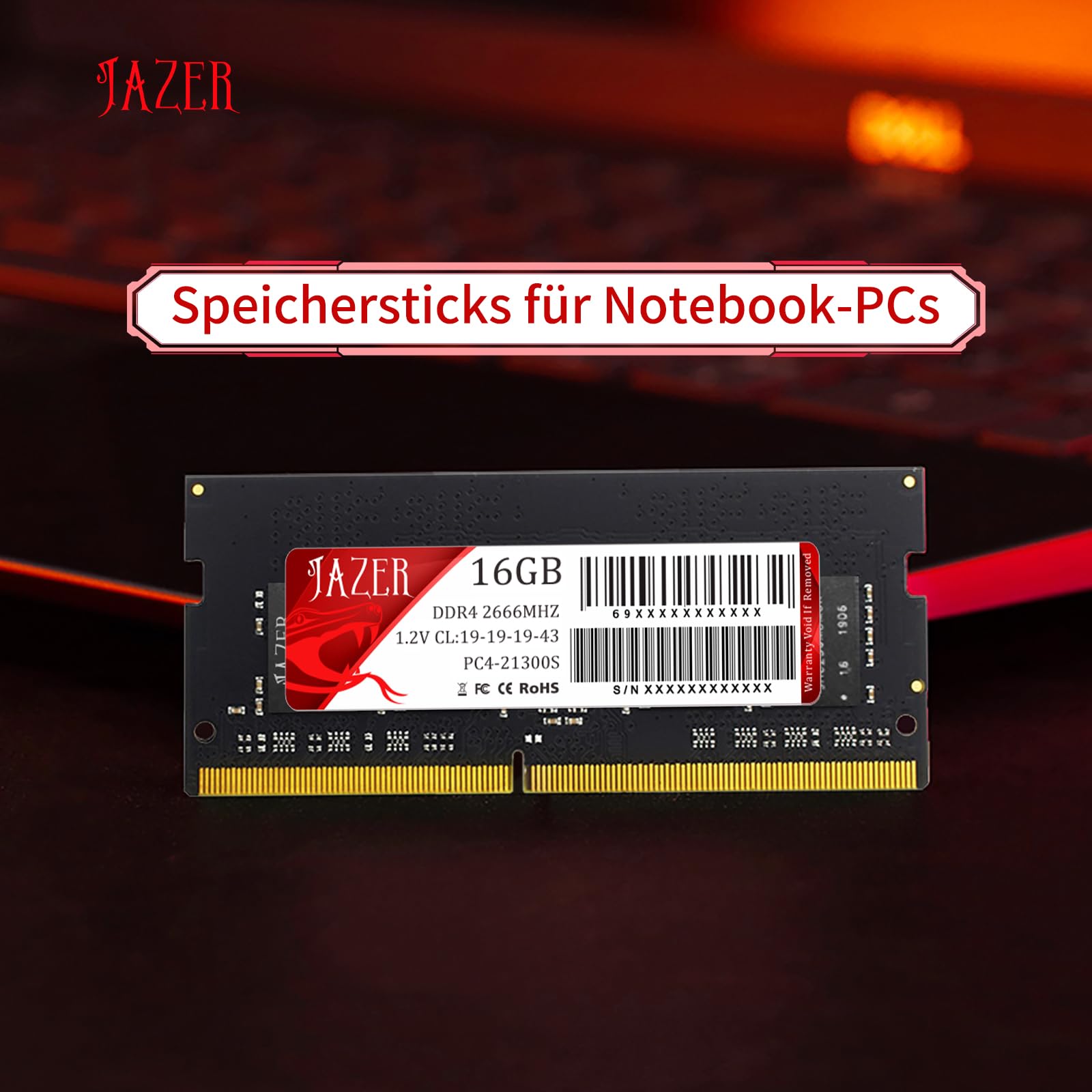 JAZER DDR4 RAM 16GB 2666MHz CL22 Laptop Notebook Momery | PC4-21300, 1.2V, SODIMM 260 Pin,Modul Upgrade