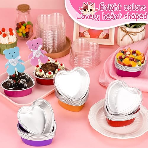 Miniatura 2 de Sartenes de aluminio en forma de corazón, 40 paquetes de moldes de aluminio para tartas de corazón con tapas para hornear, 3.4 onzas/3.4 fl oz para