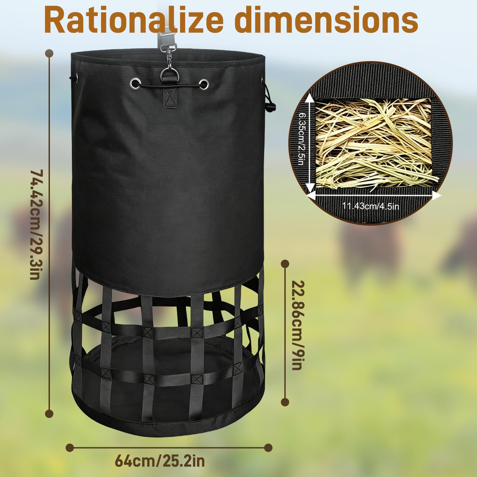 2 PCS Heusäcke für Pferde, mit Haken, 6,5 cm Maschenweite, 10 kg Fassungsvermögen, Heunetz / Slow-Feeder Heusack, XXL Heusack, robust & wetterfest, für Pferde, geeignet für Stall, Weide und Transport
