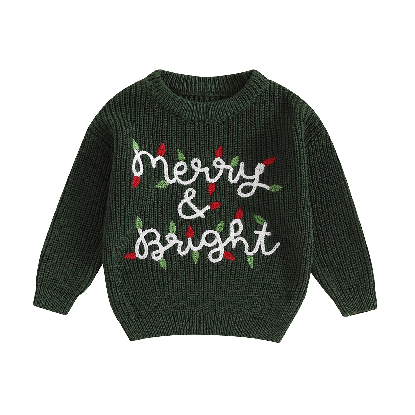 JLKGICF Toddler Baby Boy Girl Christmas Sweater Letter Embroidery Knit Sweatshirt Newborn Infant Cute Fall Winter Clothes (Merry&Bright Apricot Dark Green, 2-3 Years)