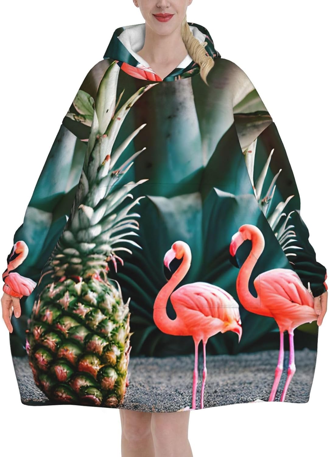 Pineapple Flamingoprint Oversized Hoodie Blanket, Super Soft Warm Comfortable Hoodie, Wearable Blanket Adult