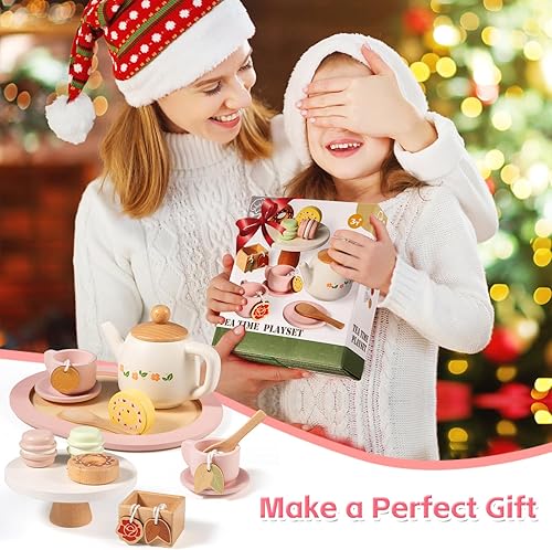 Miniatura 7 de Juego de té de madera para niñas pequeñas, juego de 19 piezas para fiesta de té con tetera, tazas de té, soporte de postre, macarrones, pasteles y