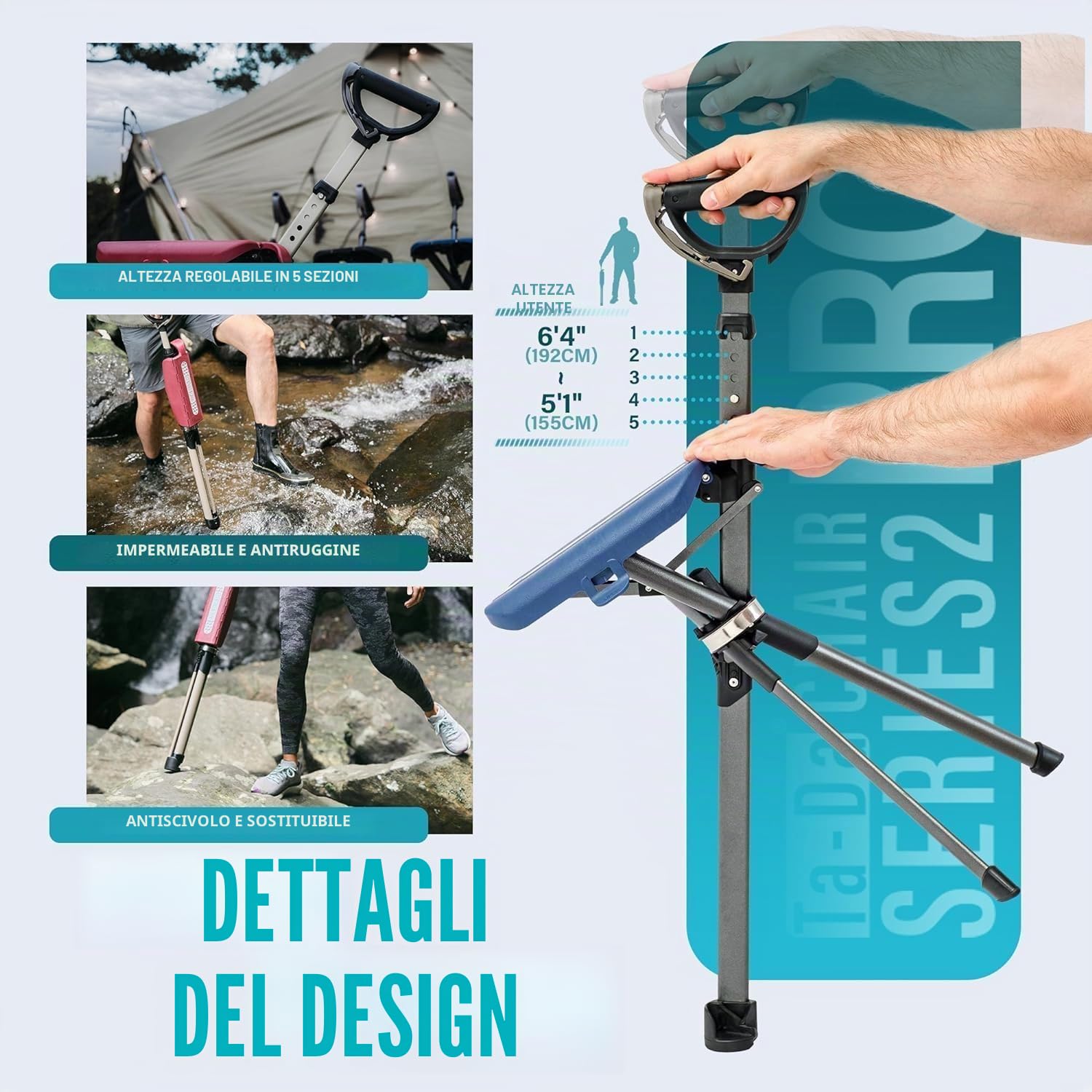 Ta-Da Chair Series 2 PRO - Bastone da Trekking con Seduta, Sgabello Esterno Pieghevole e Robusto (Max 136kg), Telaio in Alluminio, Ideale per Escursioni - Nero, Altezza Regolabile