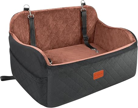Lealchum Dog Car Seat for Large Size Dog,Soft Fabric Vehicle Dog Bed Filling Memory Foam,Car Seat for Dogs with 2 Clip-On Dogs Leashs,Removable and Washable Comfy Pet Car SeatBlack/Brown, Large